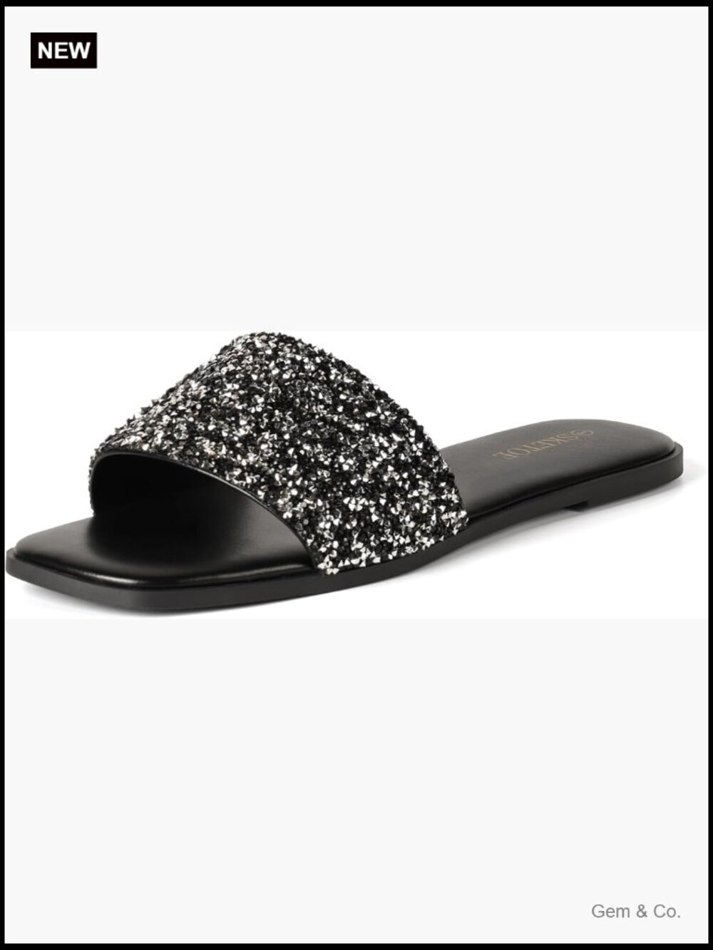 Sparkly Rhinestone Flat Sandals Square Open Toe Slip On Summer Sandals